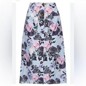 NICHOLAS Light Blue Floral Button-Front Midi Skirt with Pink Blooms